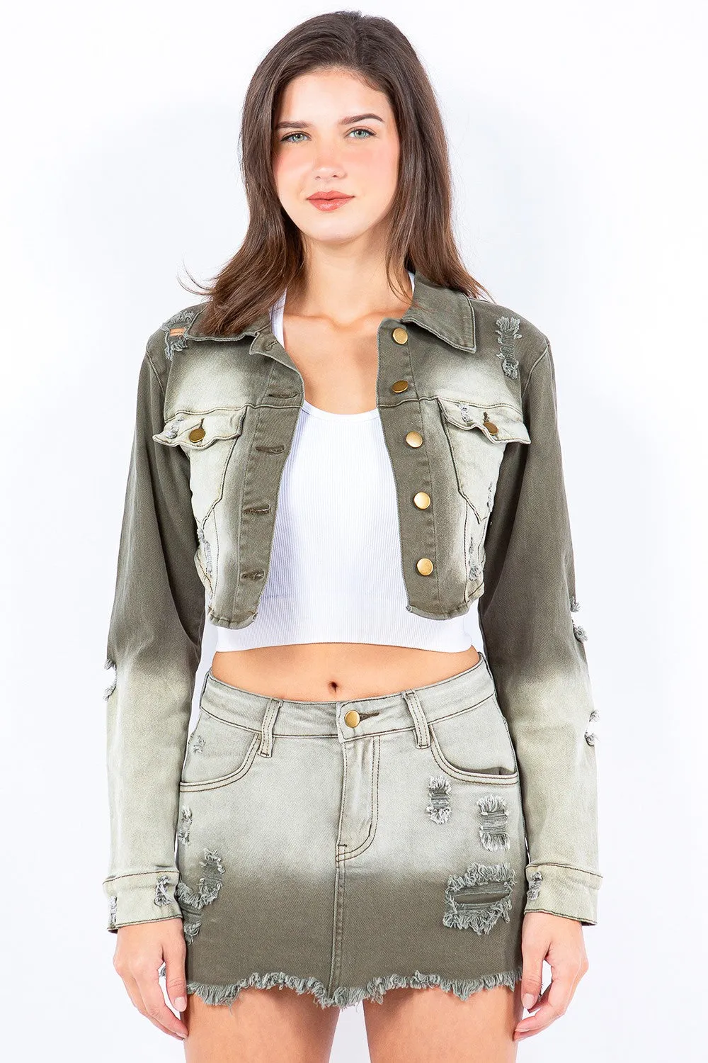 American Bazi Distressed Denim Cropped Button-Up Washed Green Ombre Jean Jacket