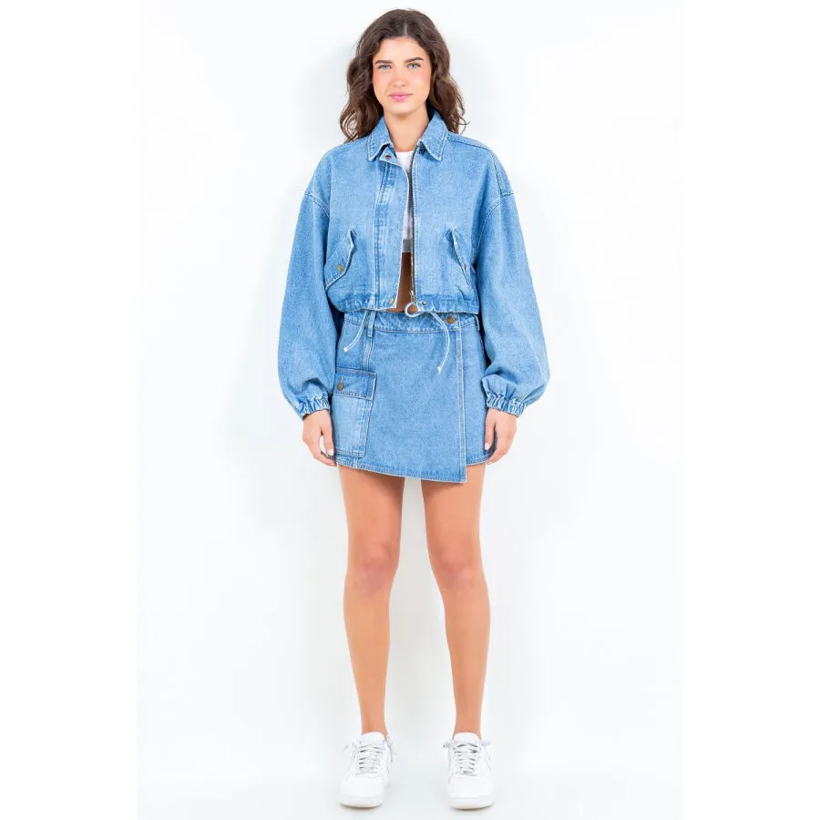 American Bazi Drawstring Waist Crop Denim Jacket