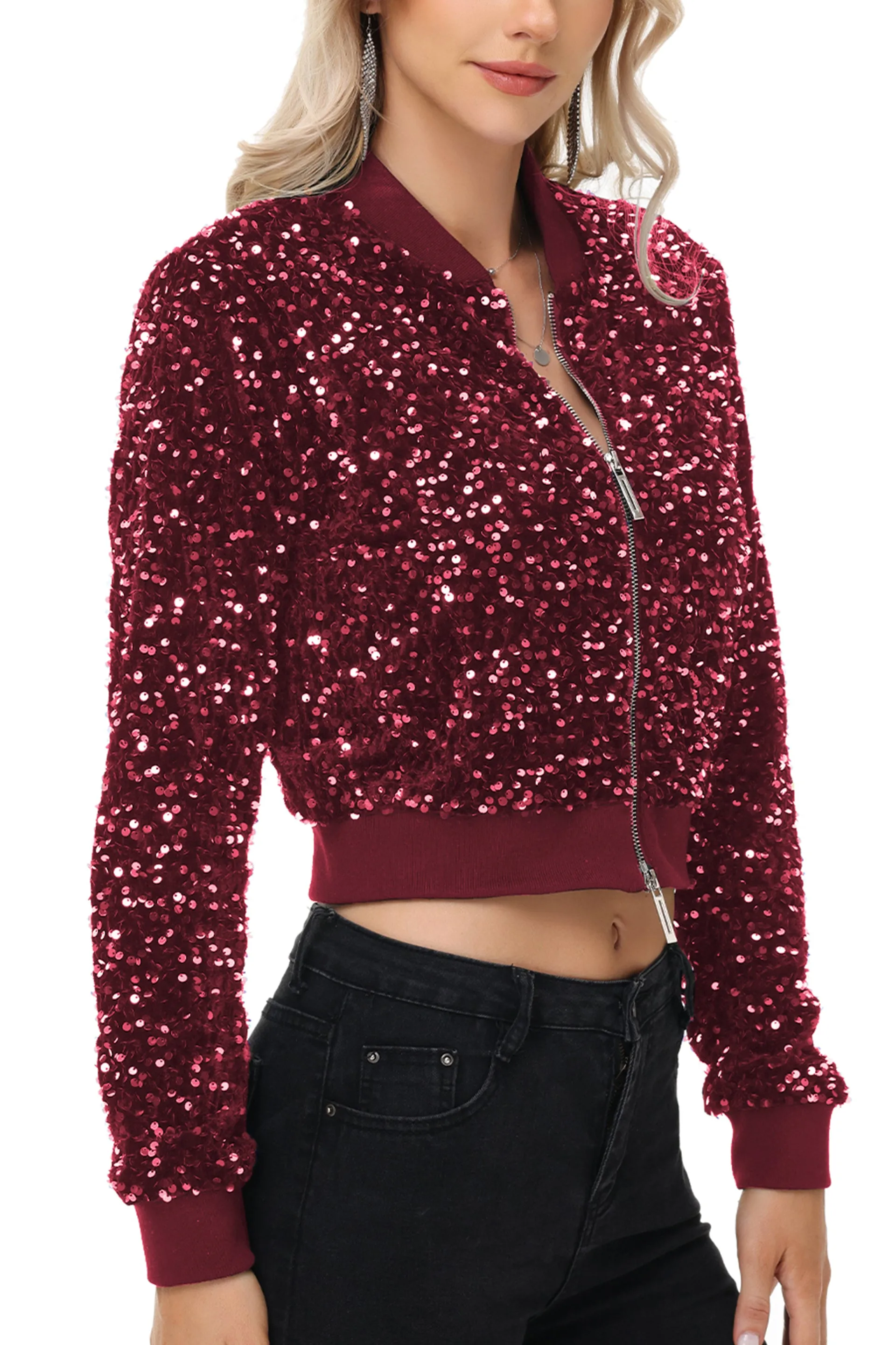 Anna-Kaci Women's Sparkly Sequin Jacket Cropped Two-Way-Zipper Glitter Party Club Bomber Jacket