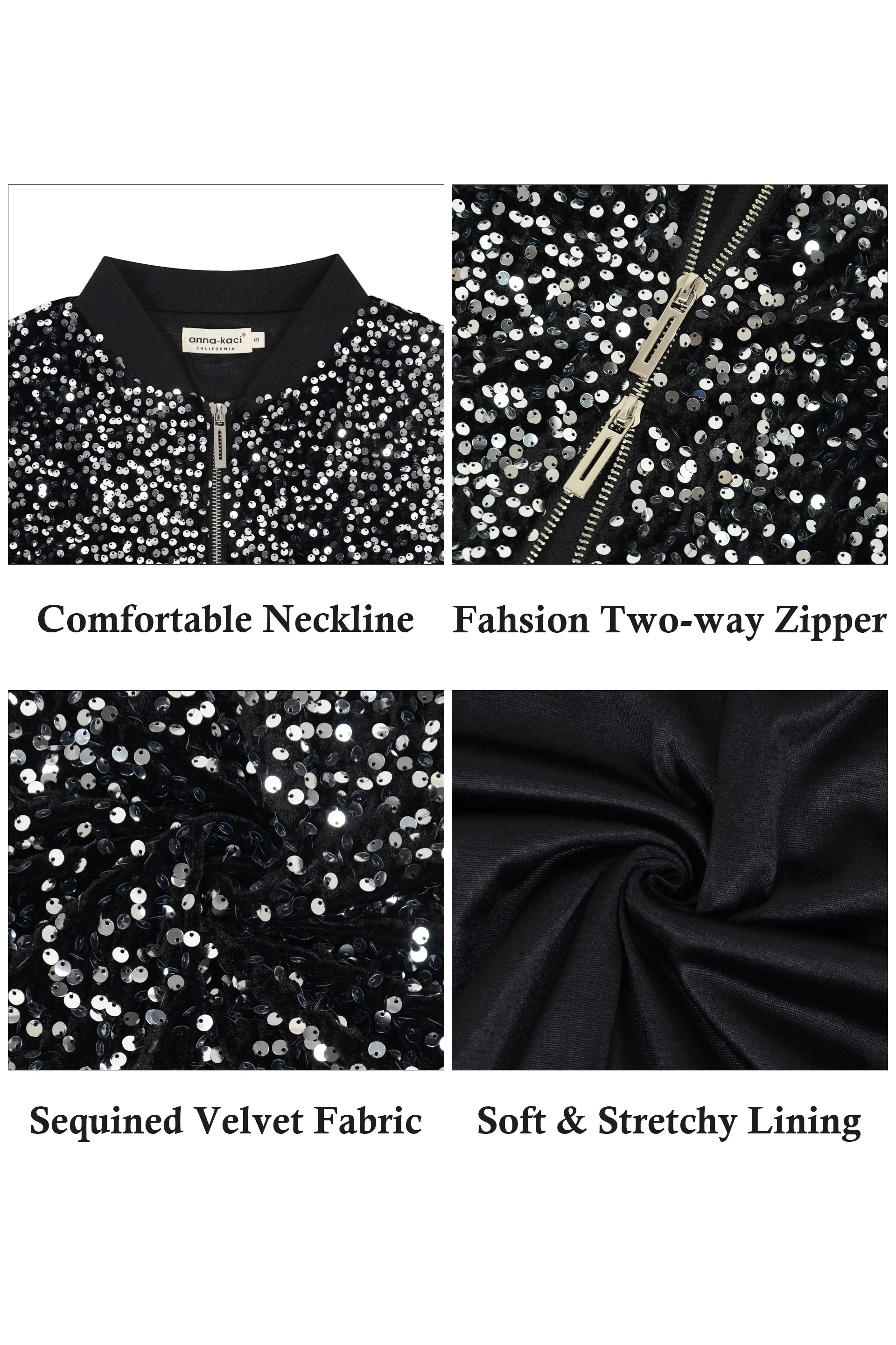 Anna-Kaci Women's Sparkly Sequin Jacket Cropped Two-Way-Zipper Glitter Party Club Bomber Jacket