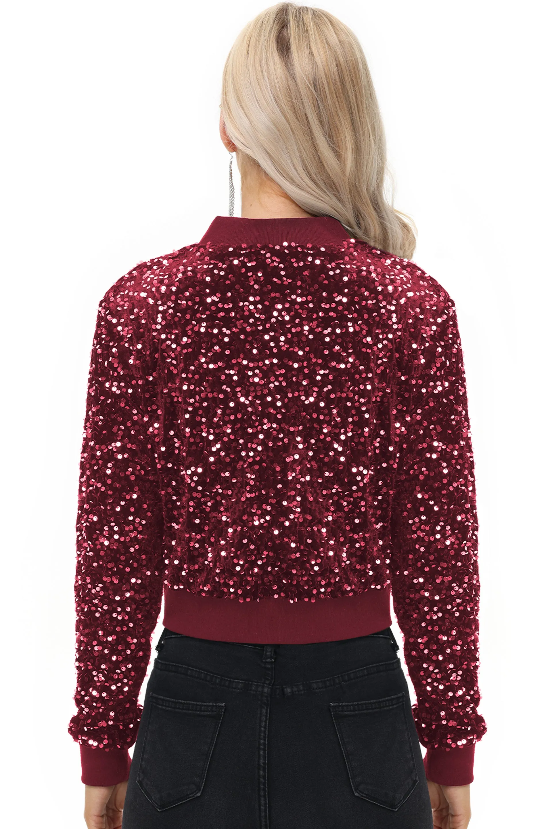 Anna-Kaci Women's Sparkly Sequin Jacket Cropped Two-Way-Zipper Glitter Party Club Bomber Jacket