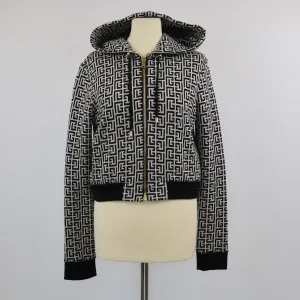 Balmain Black/White Monogram Print Cropped Full-zip Hoodie Jacket