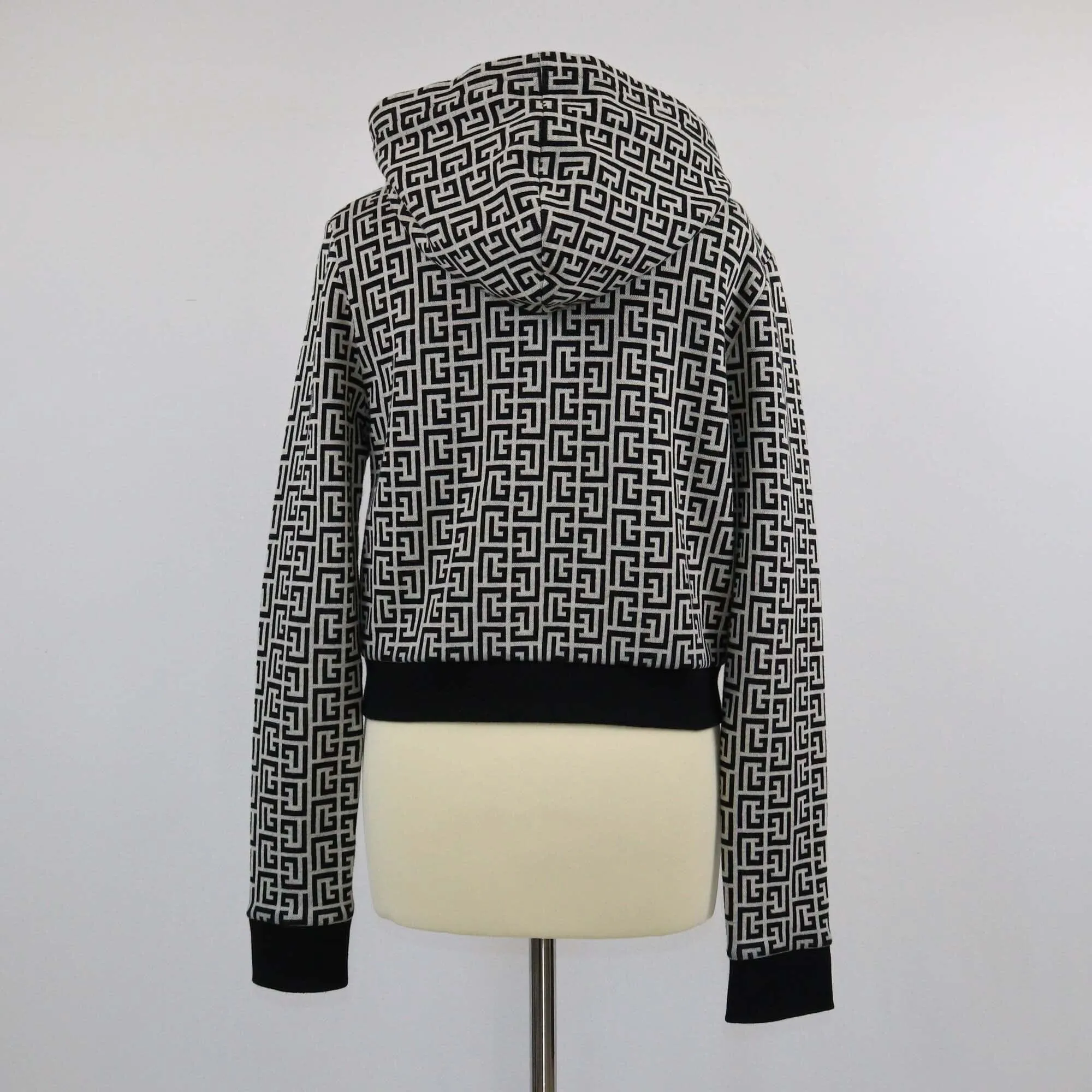 Balmain Black/White Monogram Print Cropped Full-zip Hoodie Jacket