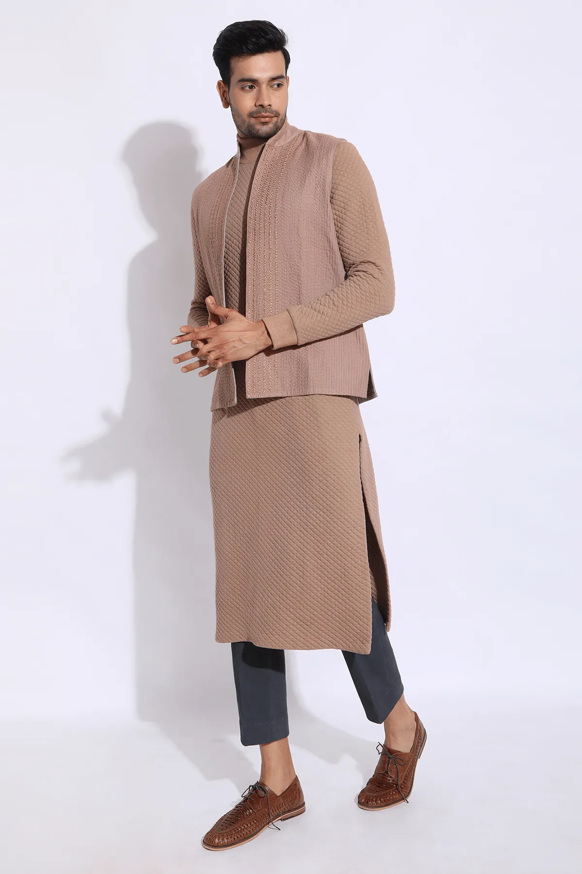 Beige Textured Bandi Jacket with quilted Polo Neck Kurta & Trousers