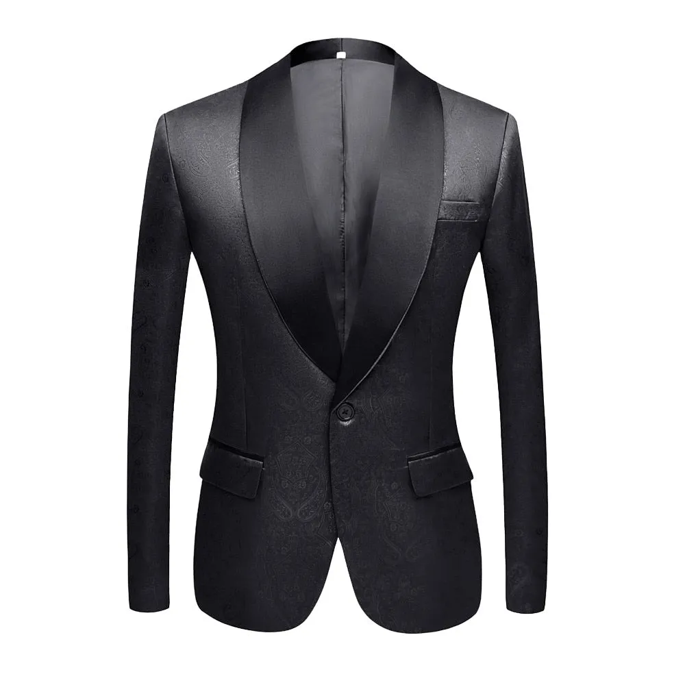 CGSUITS Men's Fashion Luxury Style Jacquard Burgundy Red & Black Tuxedo Blazer Suit Jacket