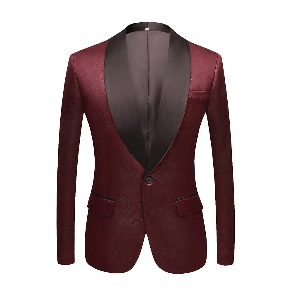 CGSUITS Men's Fashion Luxury Style Jacquard Burgundy Red & Black Tuxedo Blazer Suit Jacket