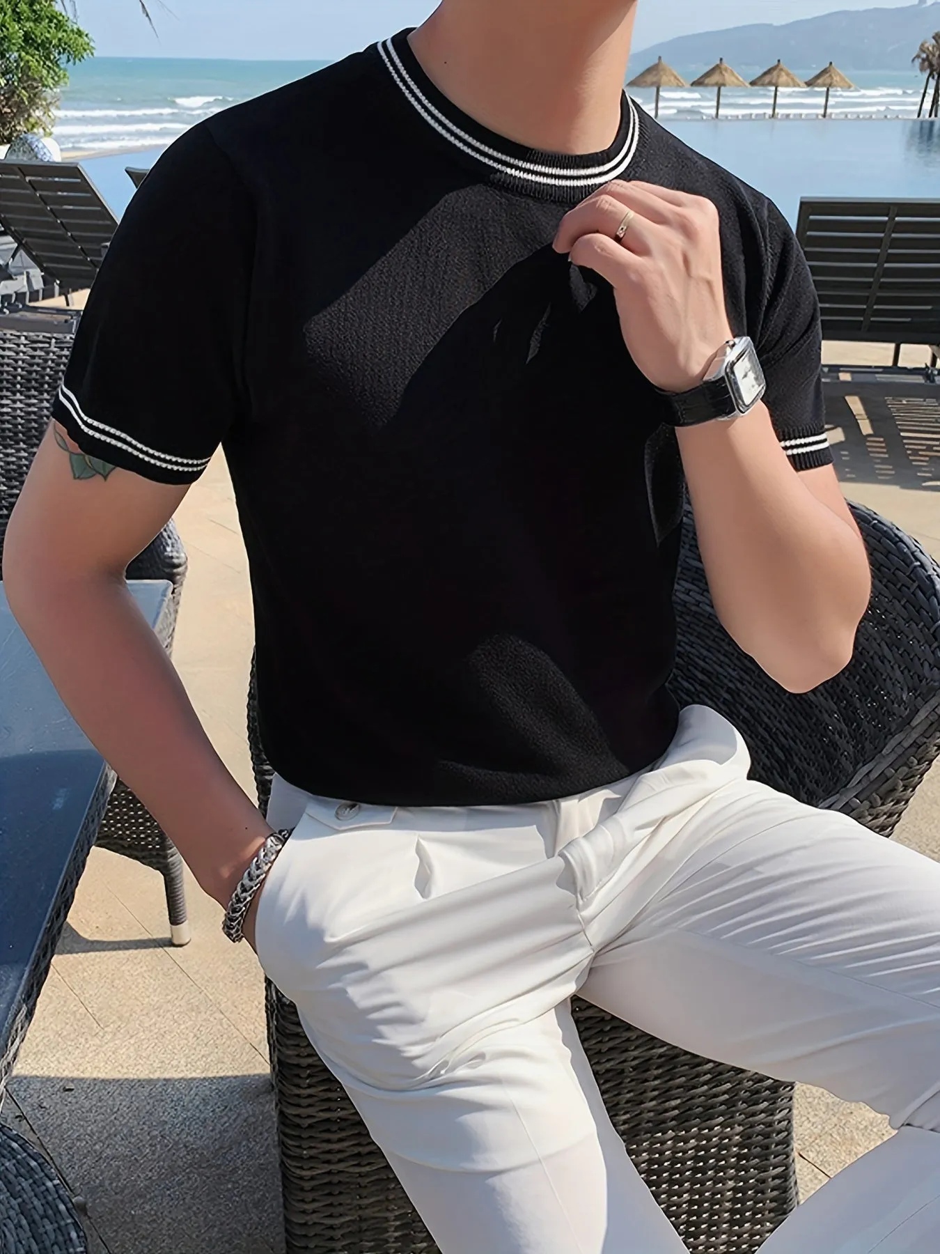 Classic Design Round Neck T-Shirt, Men's Casual High Stretch Knitted Short Sleeve T-Shirt For Summer