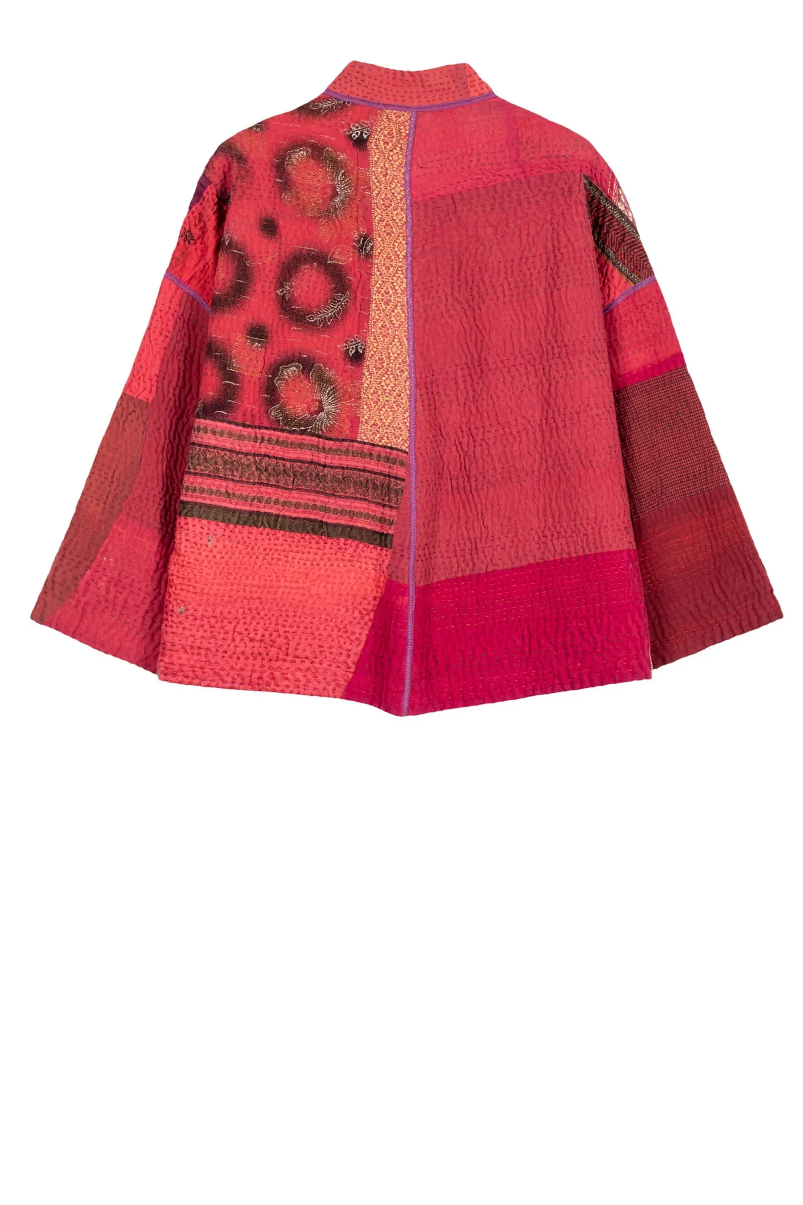 COTTON SILK SW PATCH KANTHA STAND COLLAR CROPPED JKT - ws4034-red -