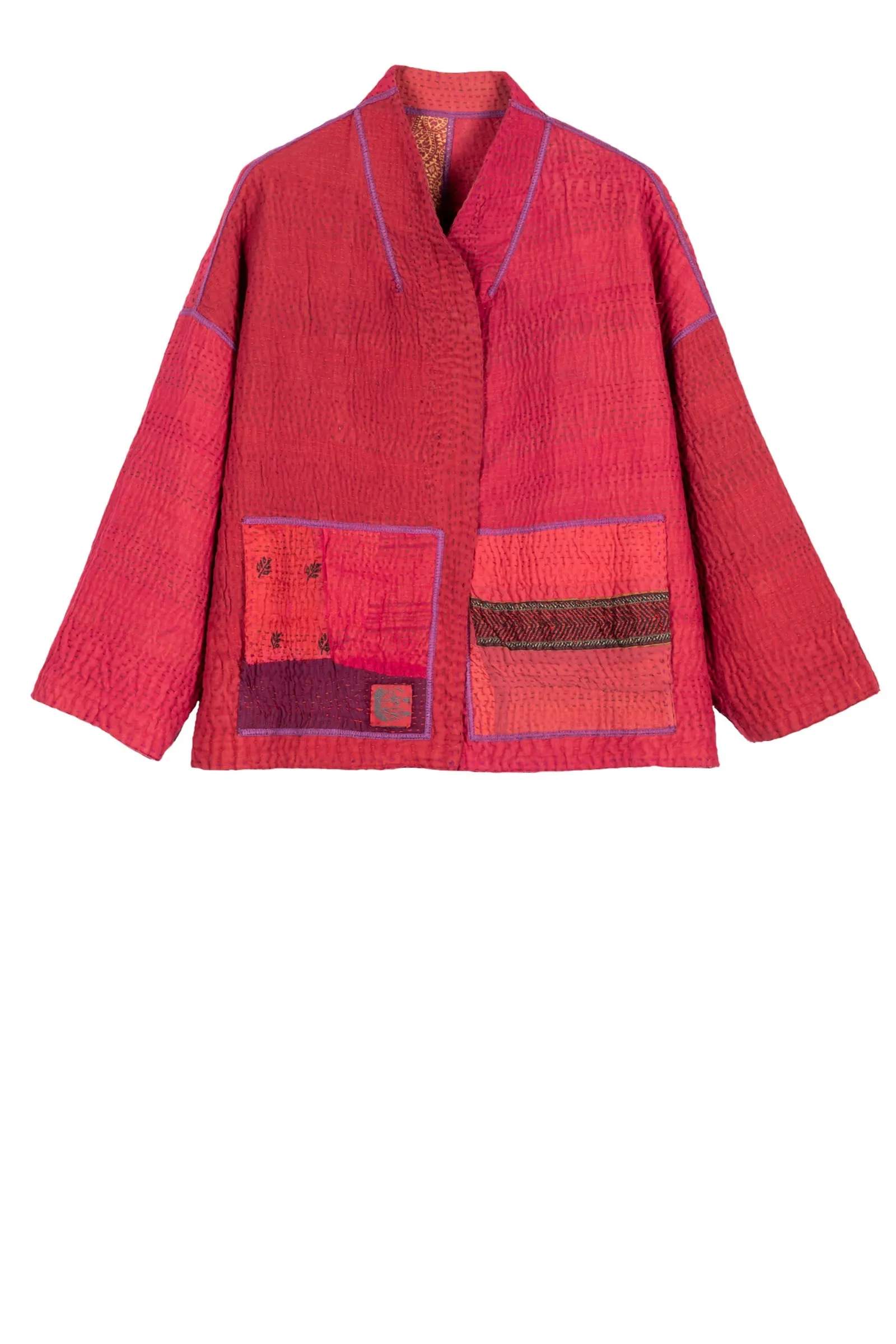 COTTON SILK SW PATCH KANTHA STAND COLLAR CROPPED JKT - ws4034-red -