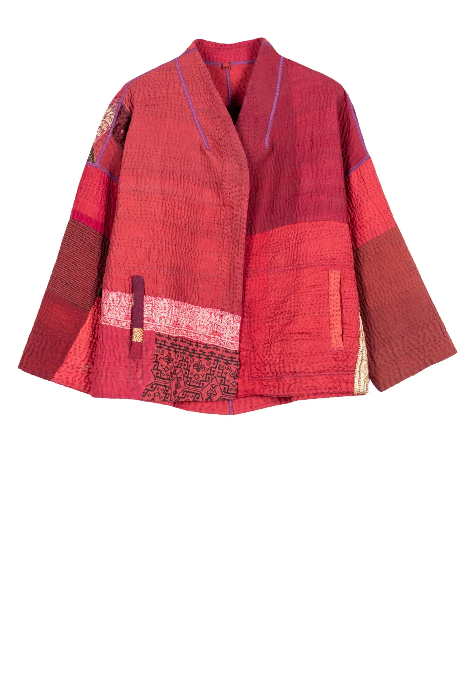COTTON SILK SW PATCH KANTHA STAND COLLAR CROPPED JKT - ws4034-red -