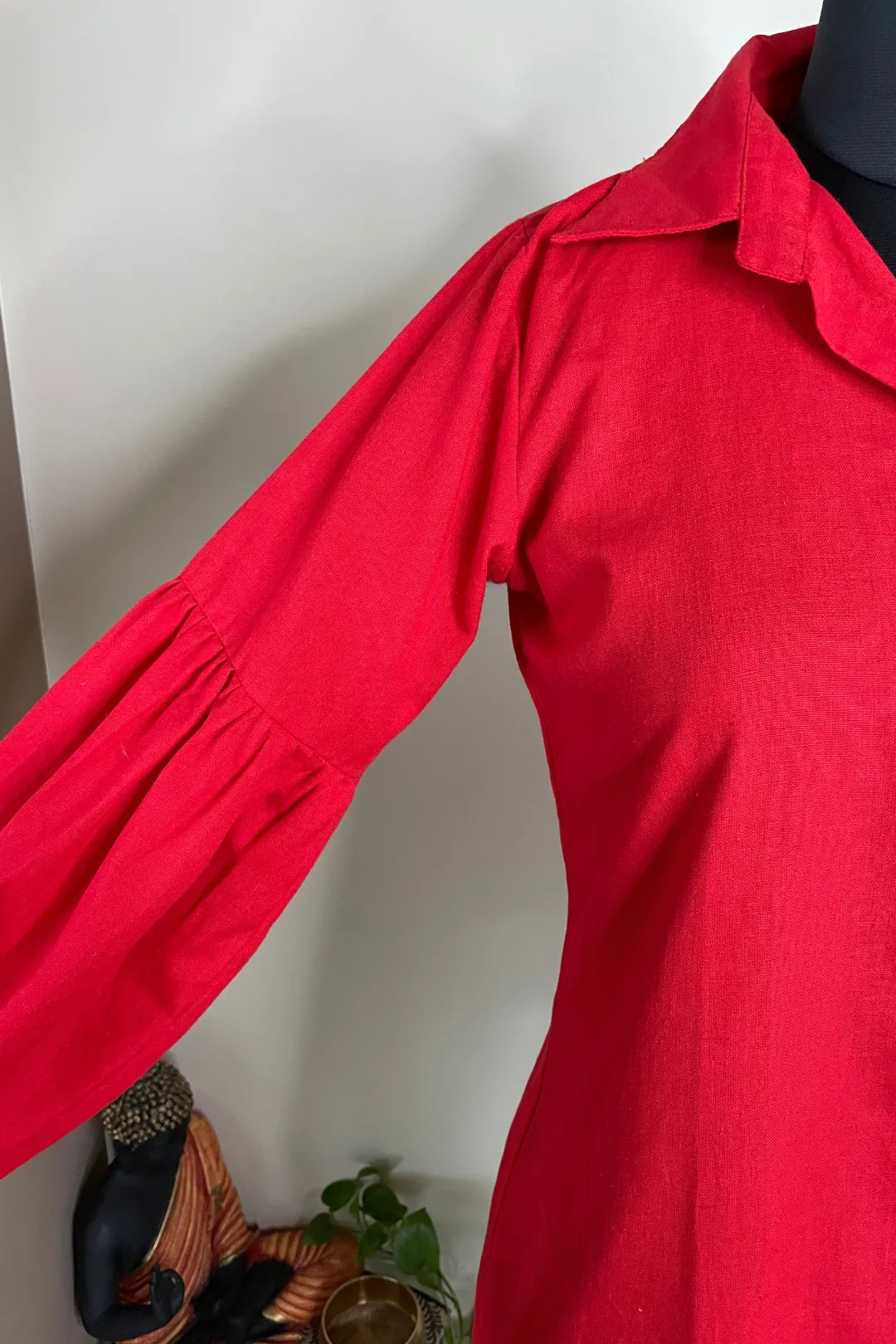 Crimson - Red Cotton Shirt With Puffed Sleeves