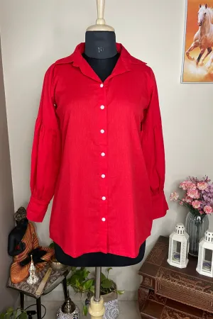 Crimson - Red Cotton Shirt With Puffed Sleeves