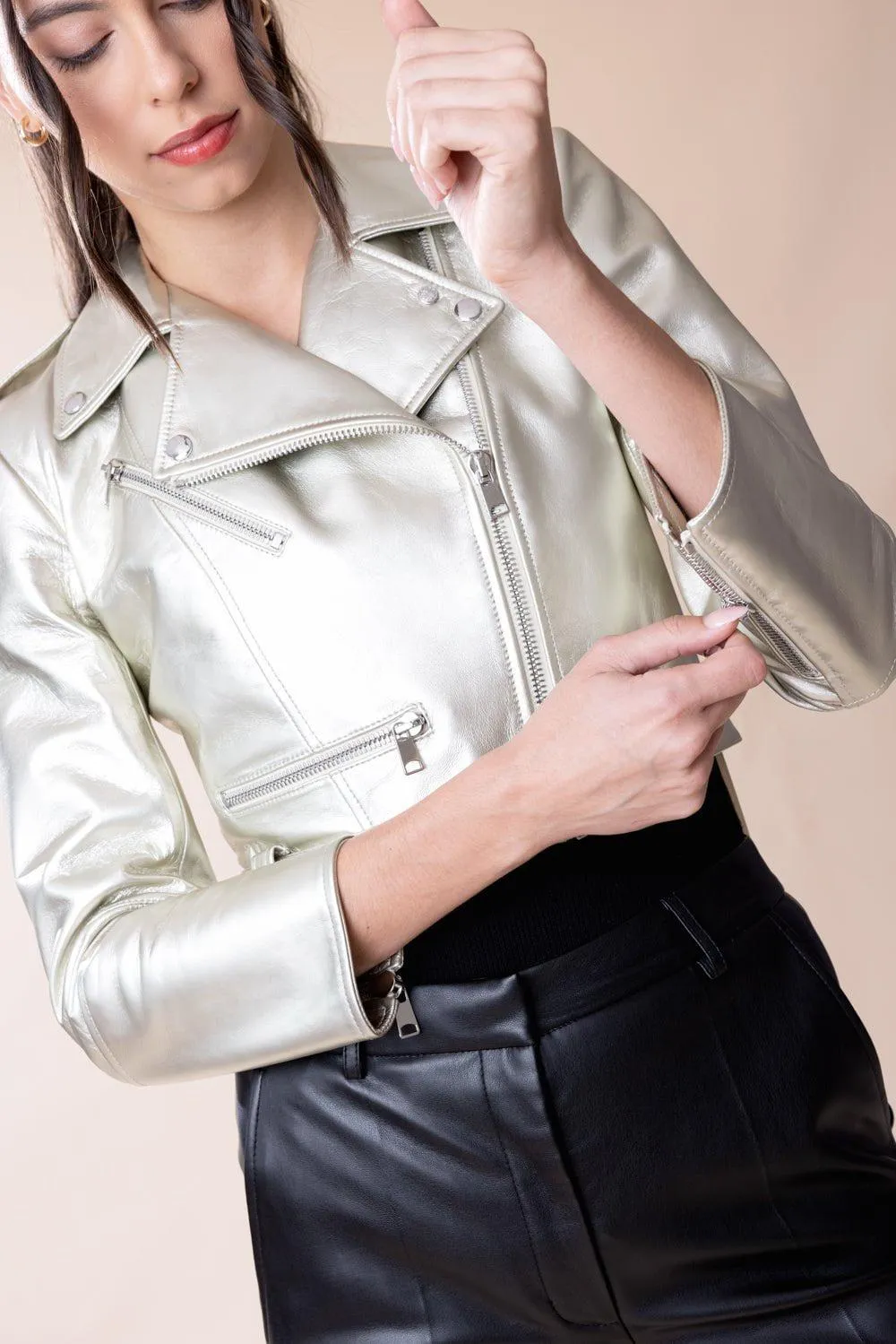 Cropped Biker Jacket - Champagne