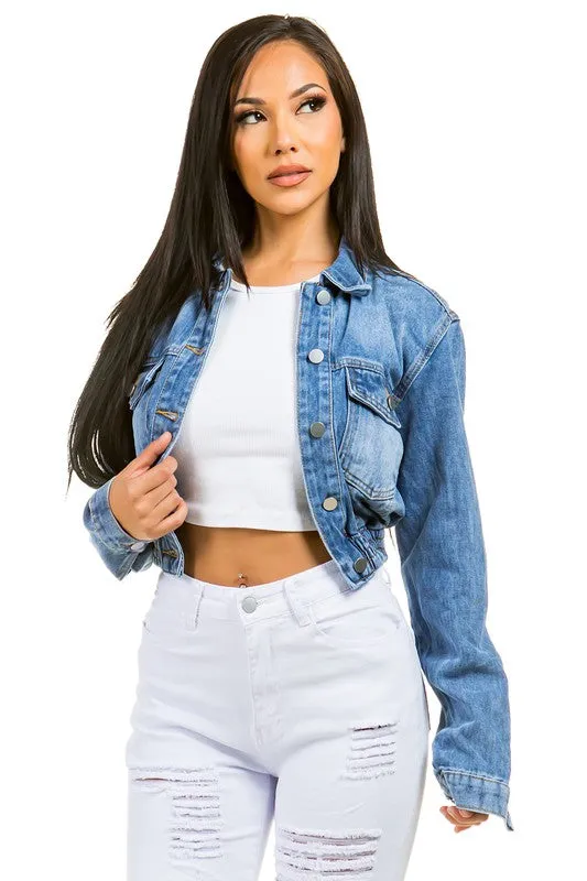 Cropped elastic DENIM JACKET
