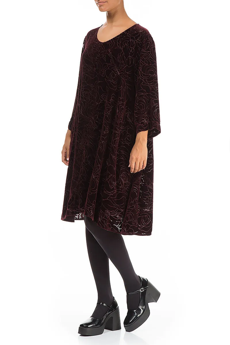 Elegant Devoré Roses Merlot Silk Velvet Dress