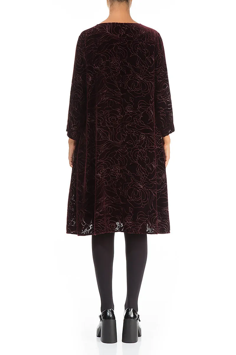 Elegant Devoré Roses Merlot Silk Velvet Dress