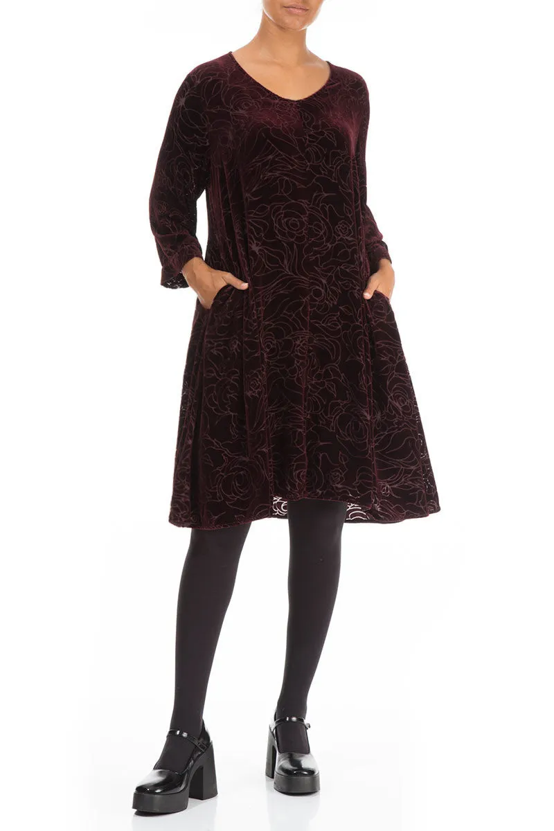Elegant Devoré Roses Merlot Silk Velvet Dress