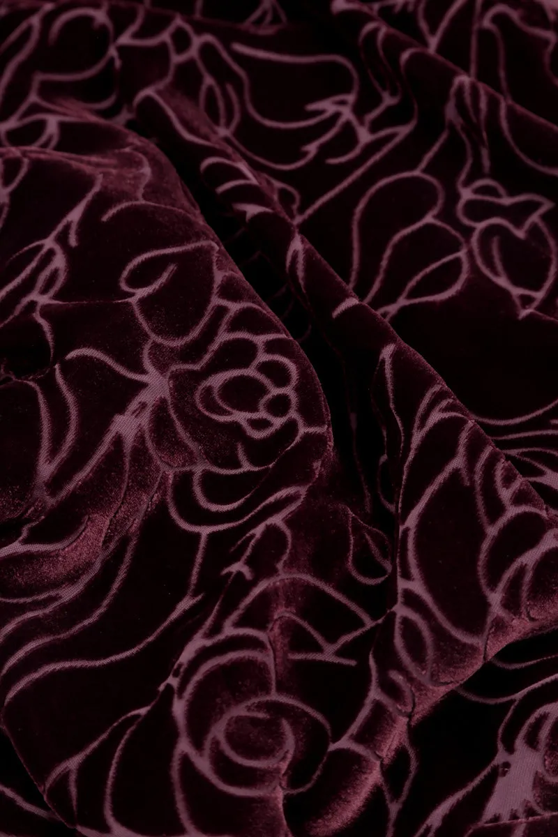 Elegant Devoré Roses Merlot Silk Velvet Dress