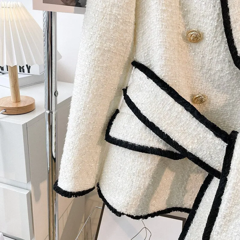 Elegant Warm Thick Fabric Woven Tweed Casual Bodycon Jacket with Belt