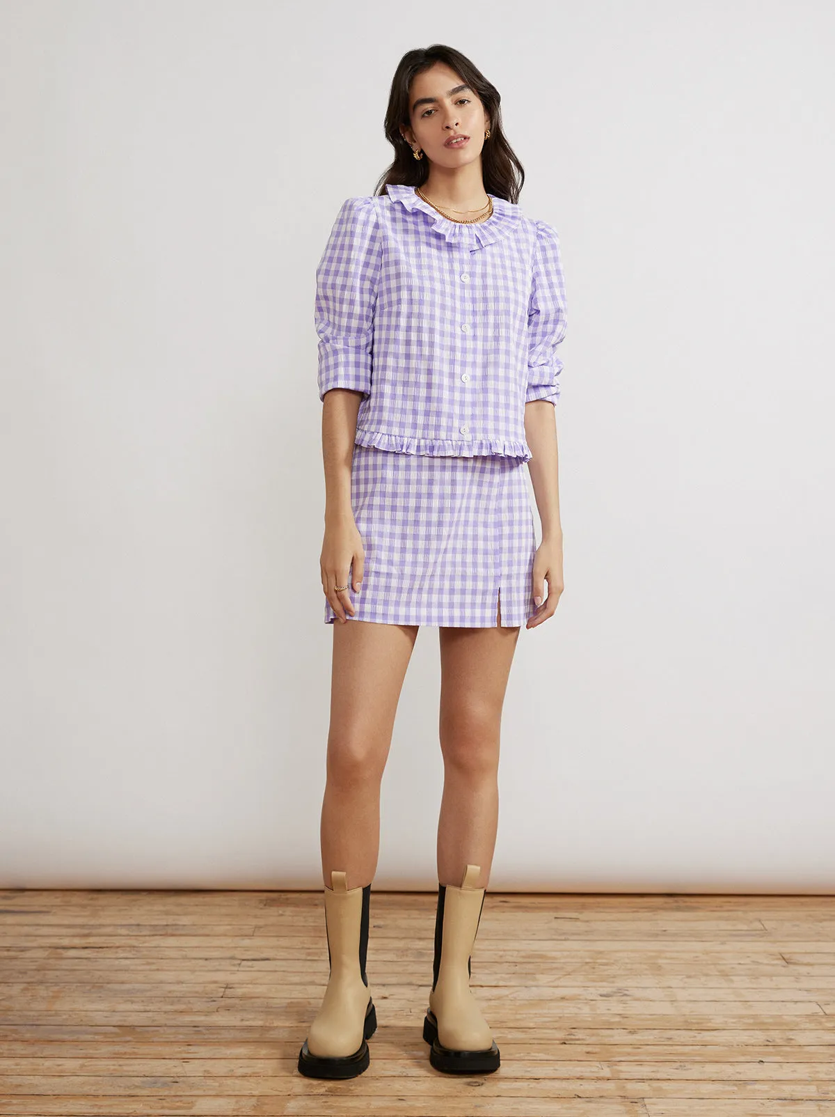Everly Lilac Check Seersucker Top