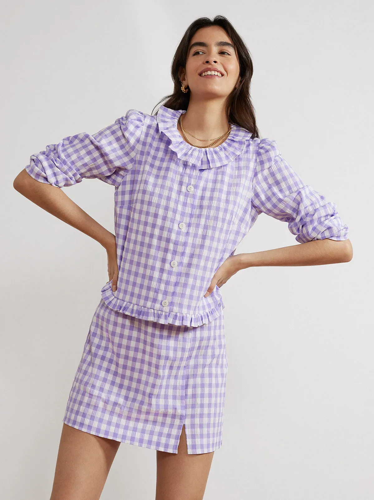 Everly Lilac Check Seersucker Top