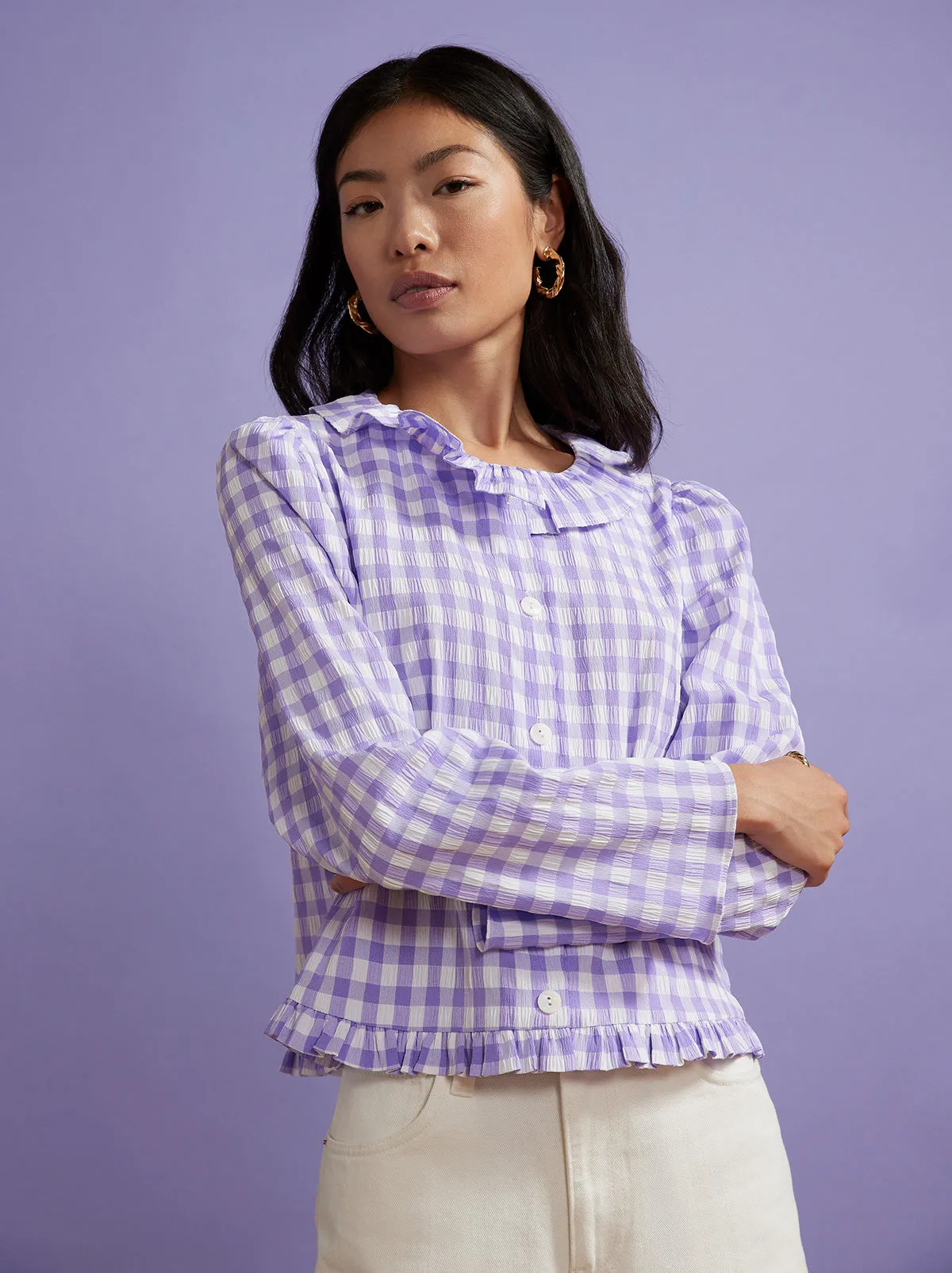 Everly Lilac Check Seersucker Top