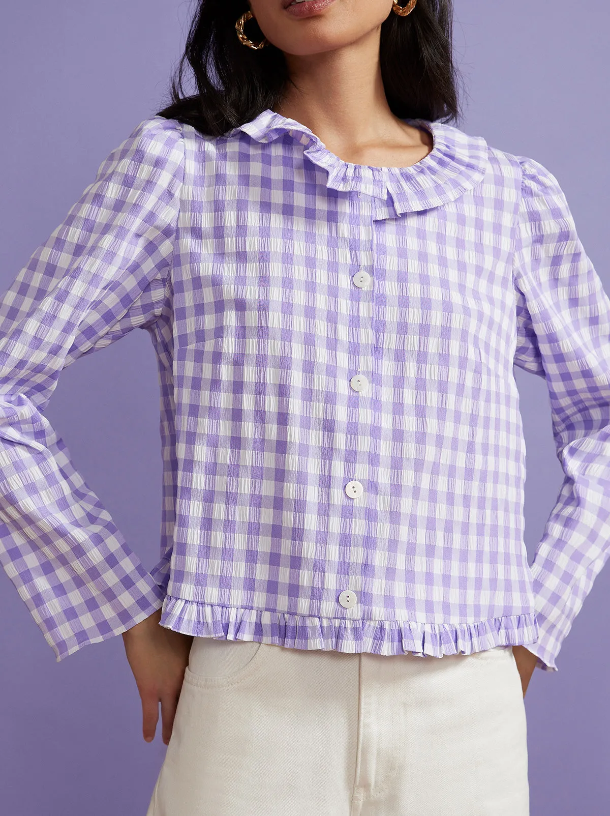 Everly Lilac Check Seersucker Top
