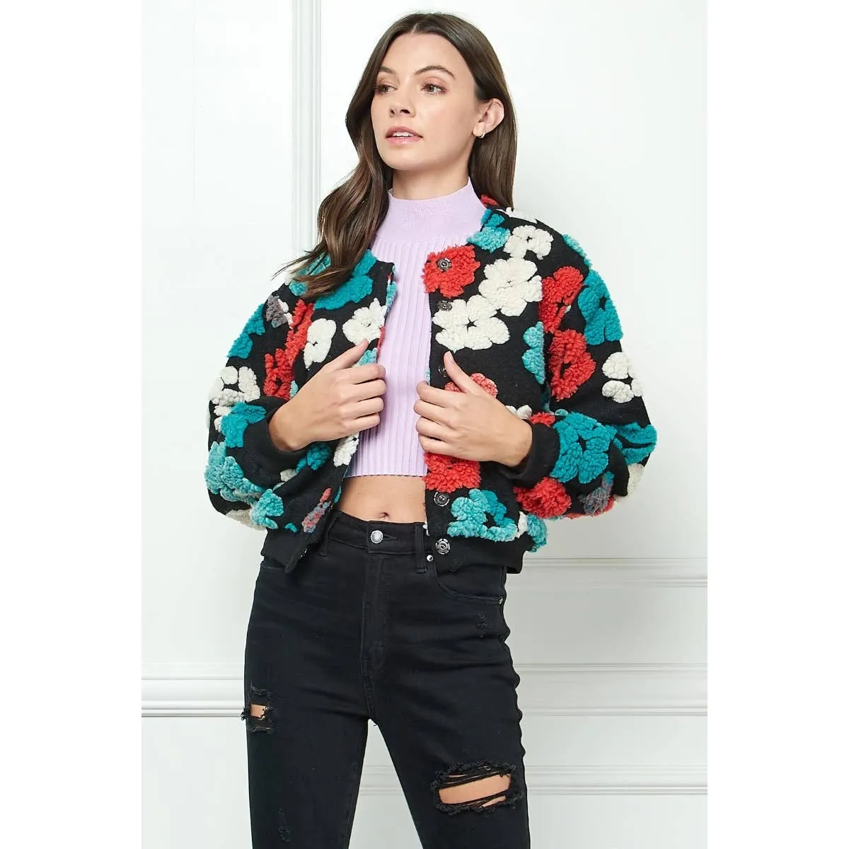 Felted Flower Puff Sleeve Button Jacket