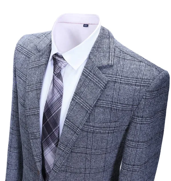 Formal Men's Business Grey Plaid Notch Lapel Blazer