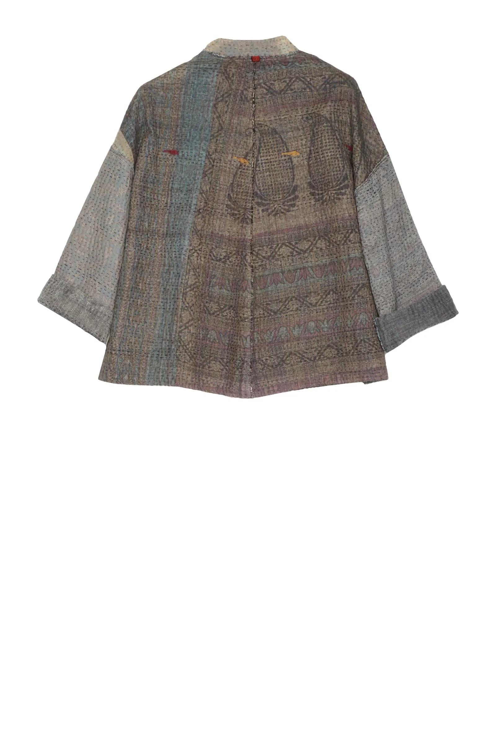 FRAYED PATCH KANTHA STAND COLLAR CROPPED JKT - fi4034-gry -