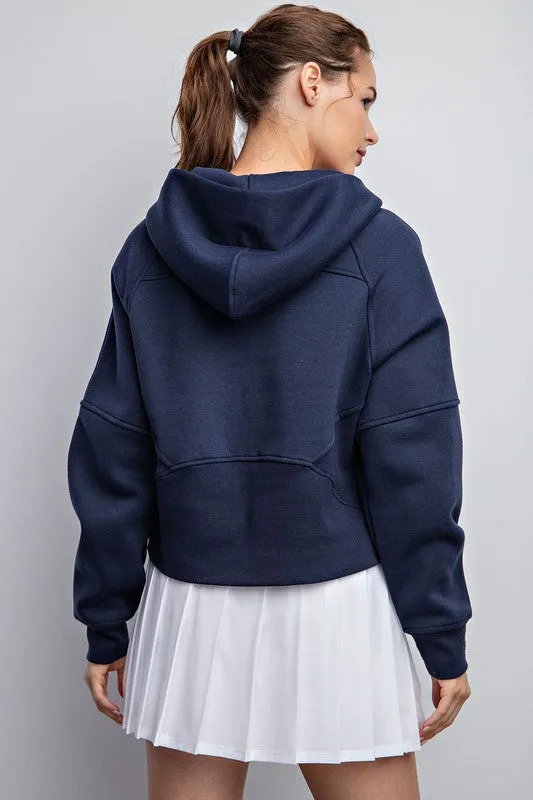 French Terry Cropped Half Zip Hoodie, Navy or Black