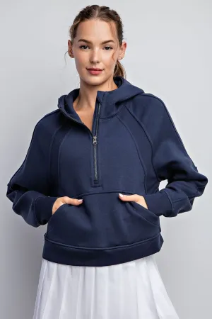 French Terry Cropped Half Zip Hoodie, Navy or Black