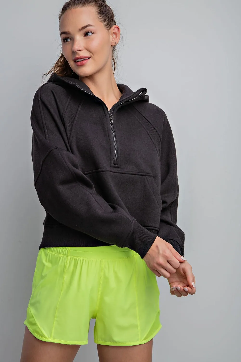 French Terry Cropped Half Zip Hoodie, Navy or Black