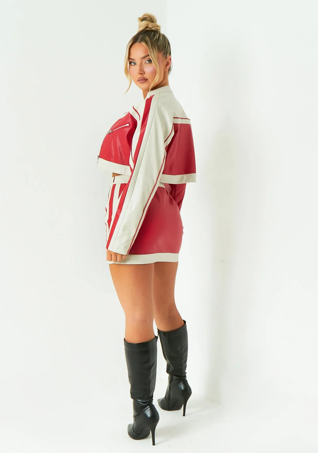 Grace Red Contrast Faux Leather Cropped Biker Jacket