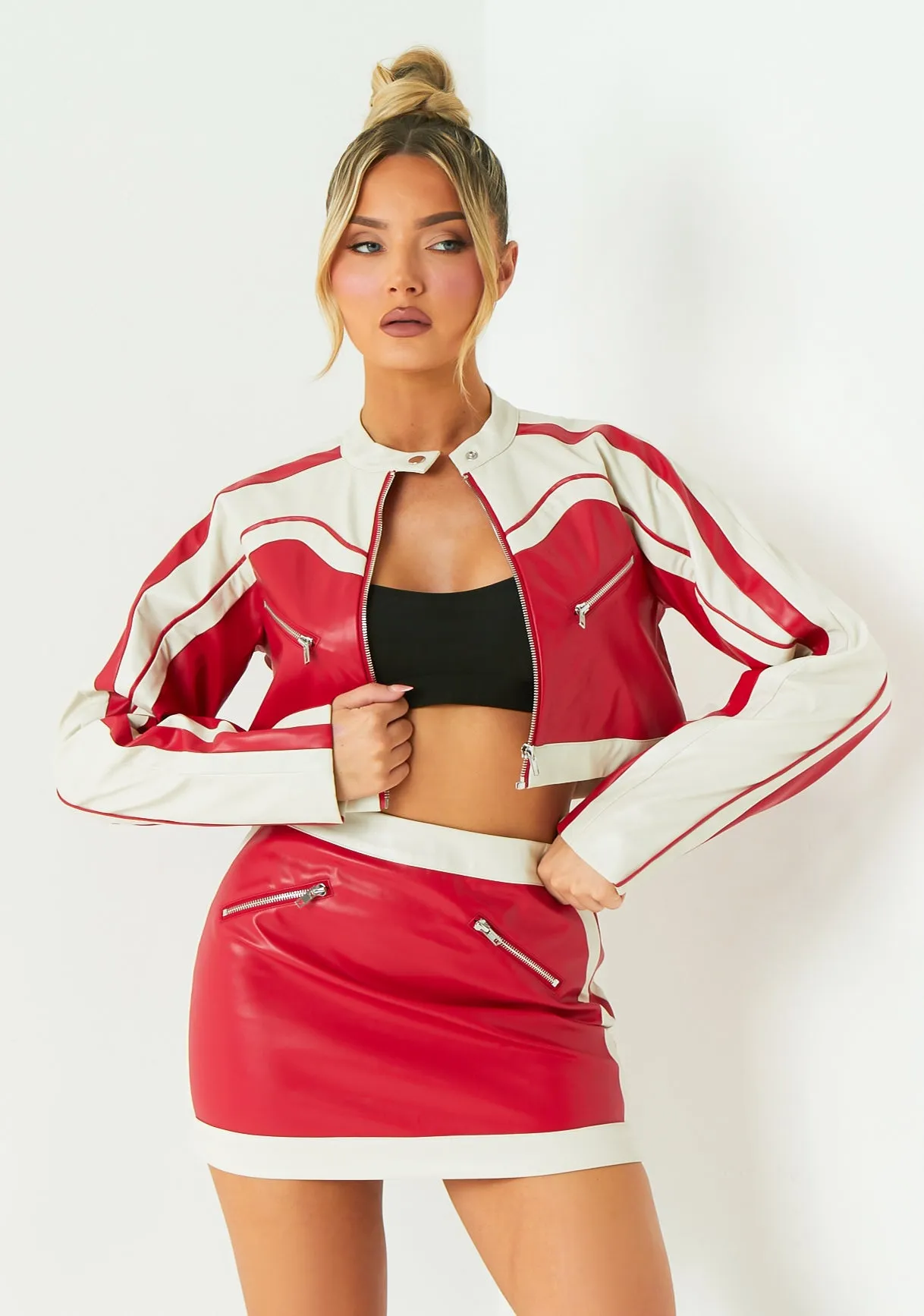 Grace Red Contrast Faux Leather Cropped Biker Jacket