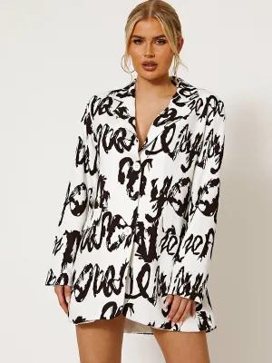 Kayla Graffiti Print Oversized Blazer Dress In White