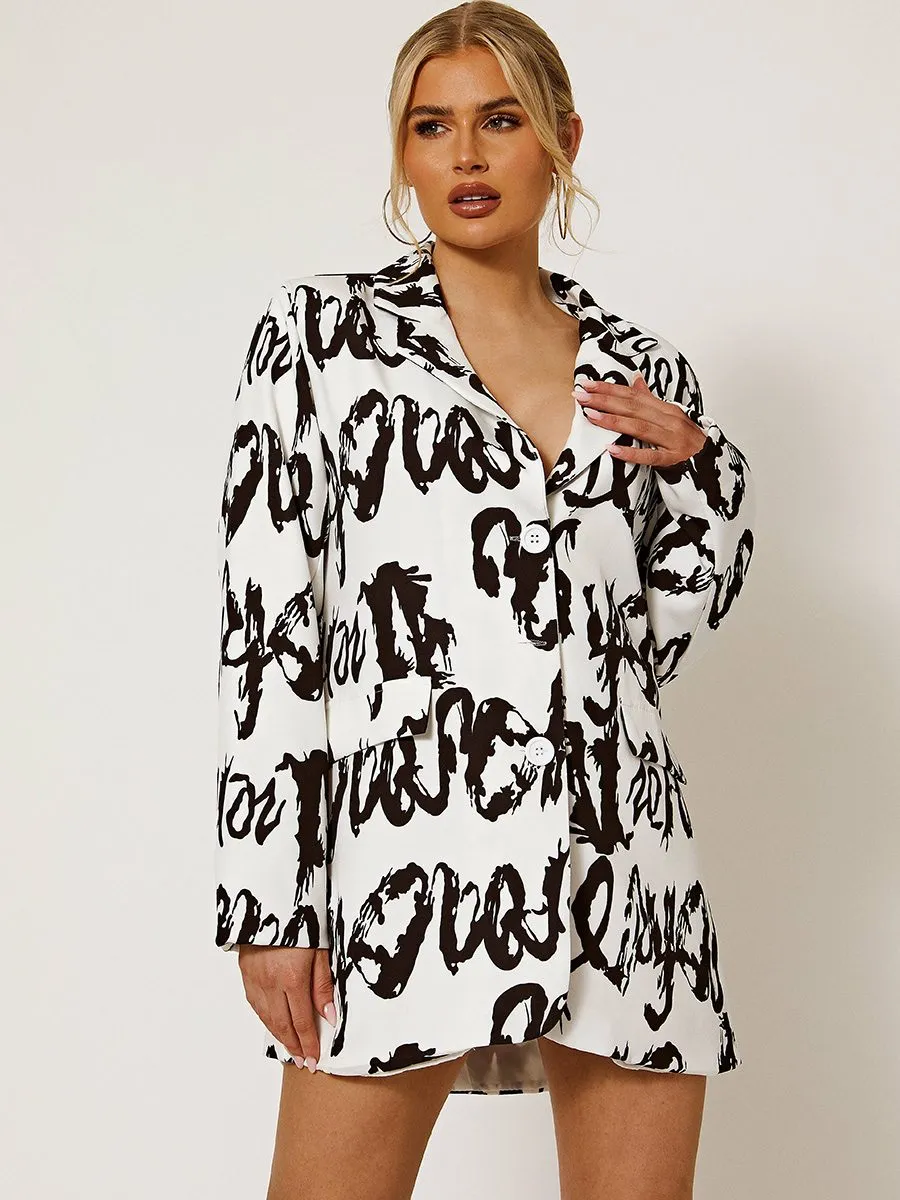 Kayla Graffiti Print Oversized Blazer Dress In White