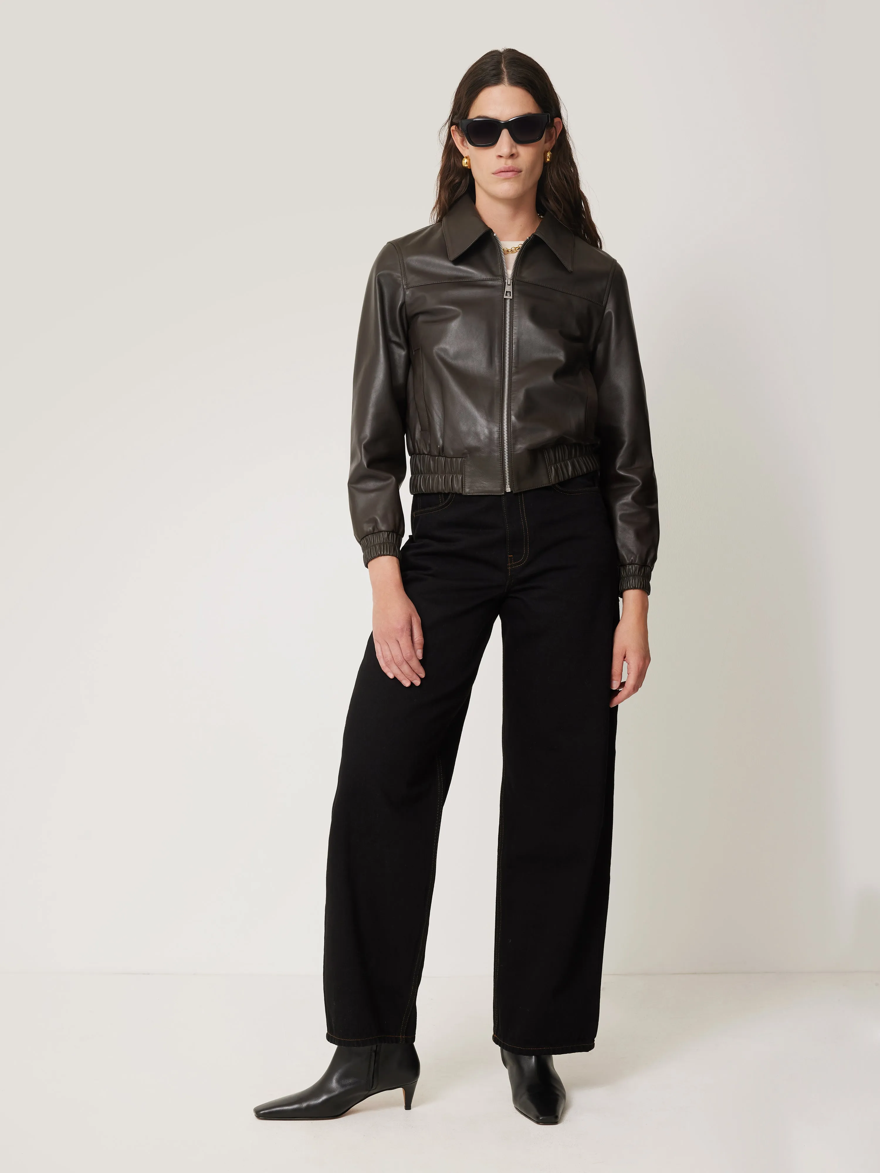 Leather Zip Front Biker | Dark Olive