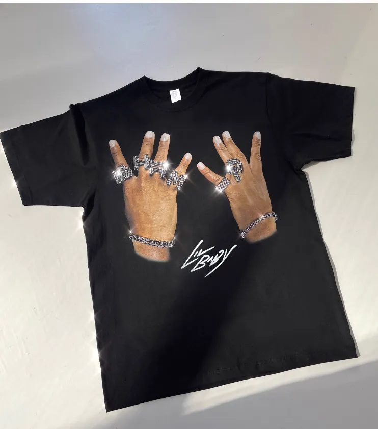 LIL BABY 4PF DIAMOND RHINESTONE PRINT RAPPERS BLACK T SHIRT