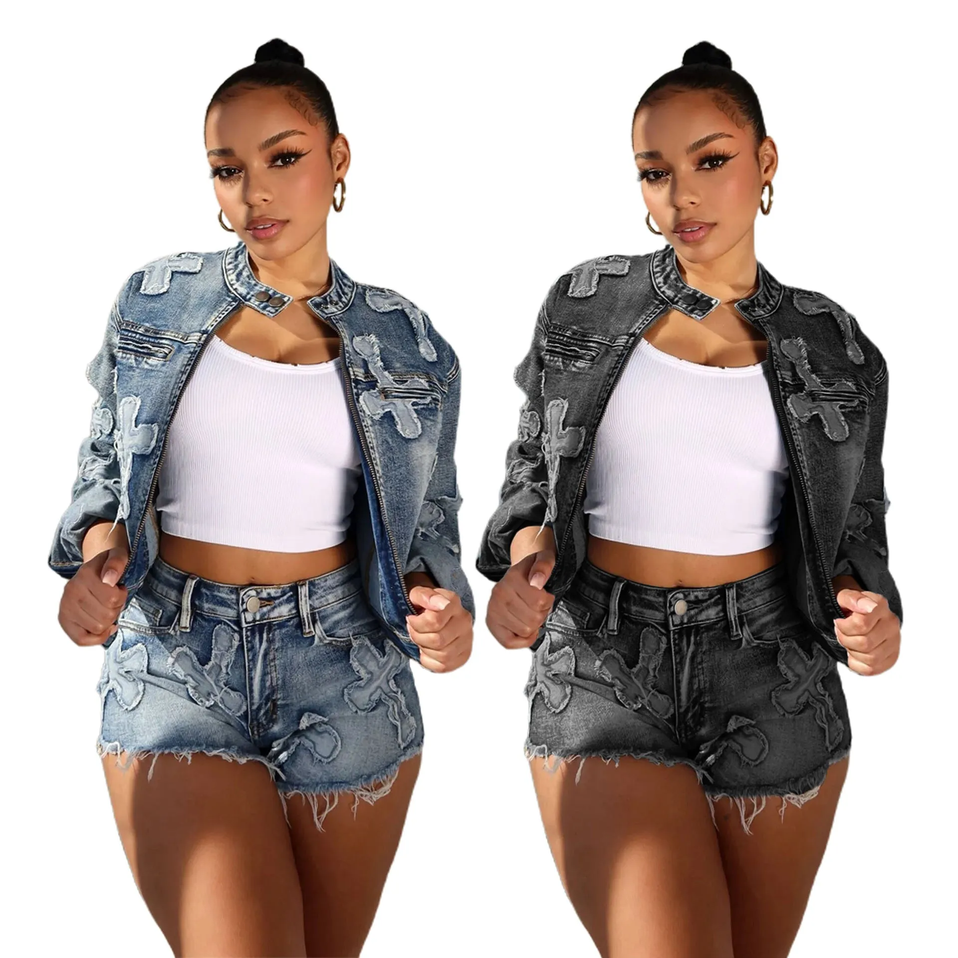 MB FASHION Distressed Denim Jacket and Shorts Two-Piece Set 8552LY