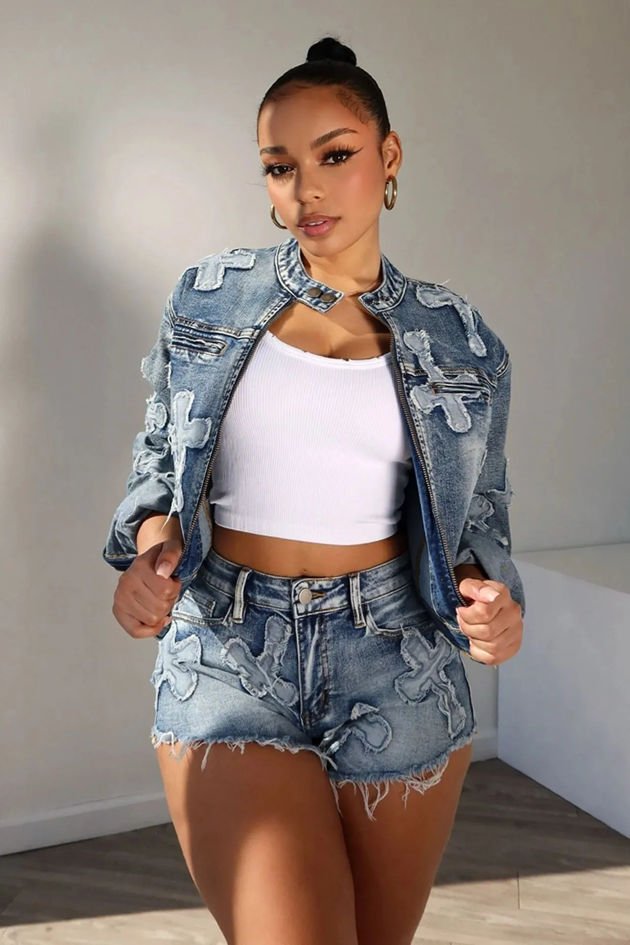 MB FASHION Distressed Denim Jacket and Shorts Two-Piece Set 8552LY