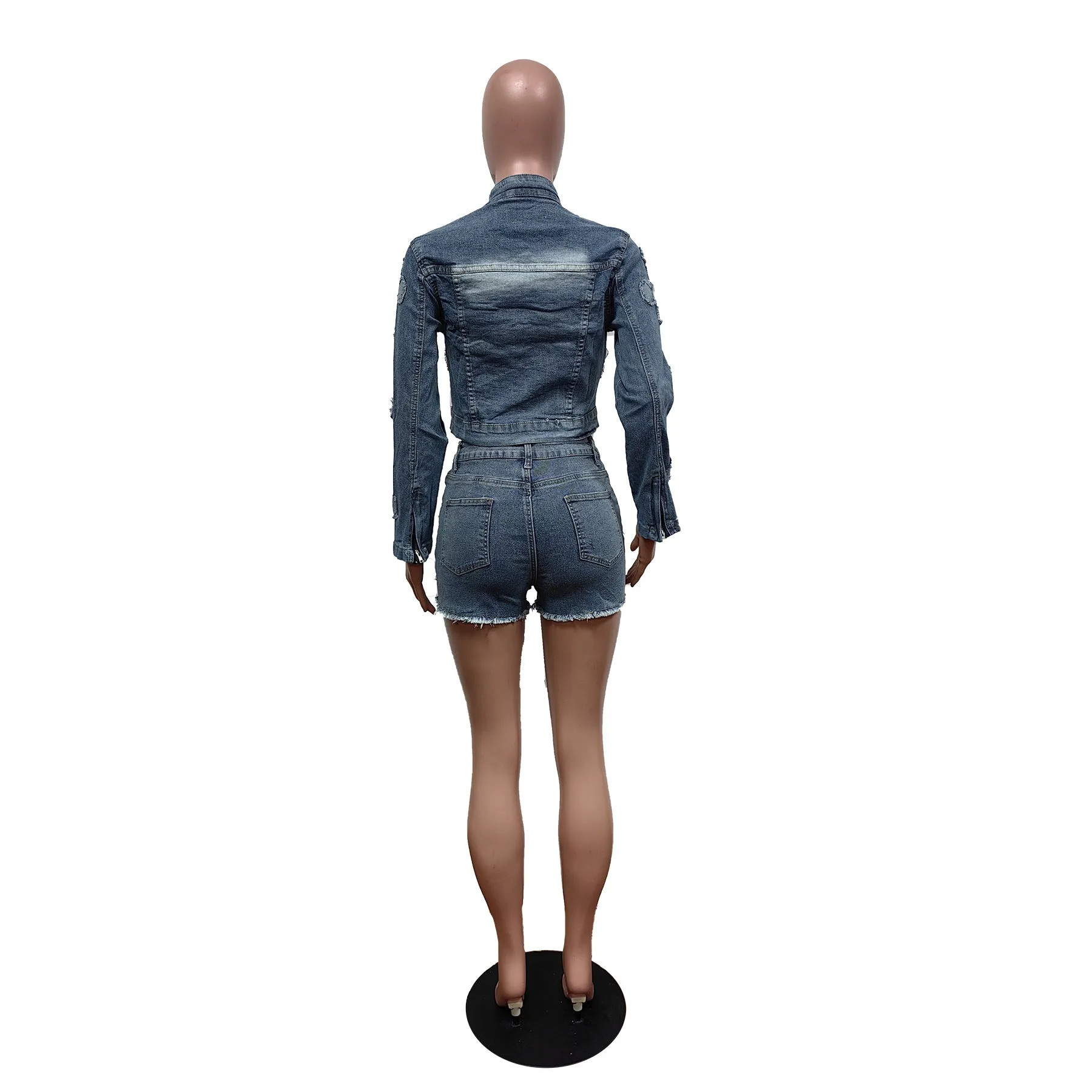 MB FASHION Distressed Denim Jacket and Shorts Two-Piece Set 8552LY