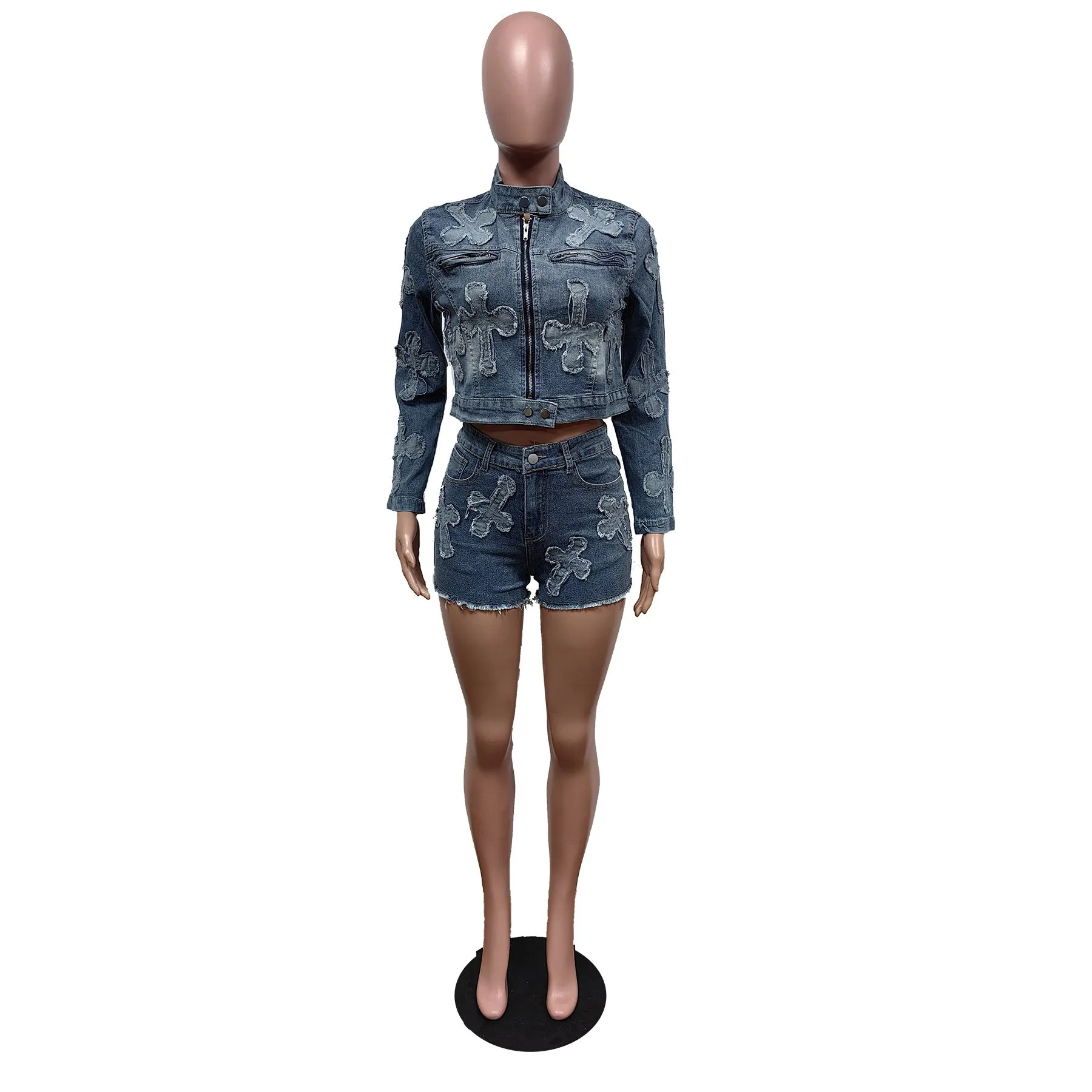 MB FASHION Distressed Denim Jacket and Shorts Two-Piece Set 8552LY