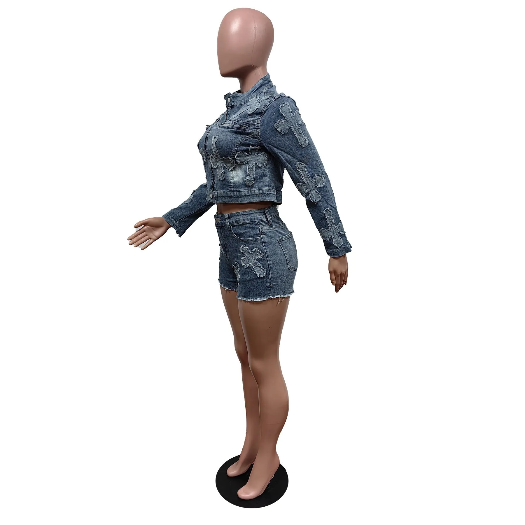 MB FASHION Distressed Denim Jacket and Shorts Two-Piece Set 8552LY