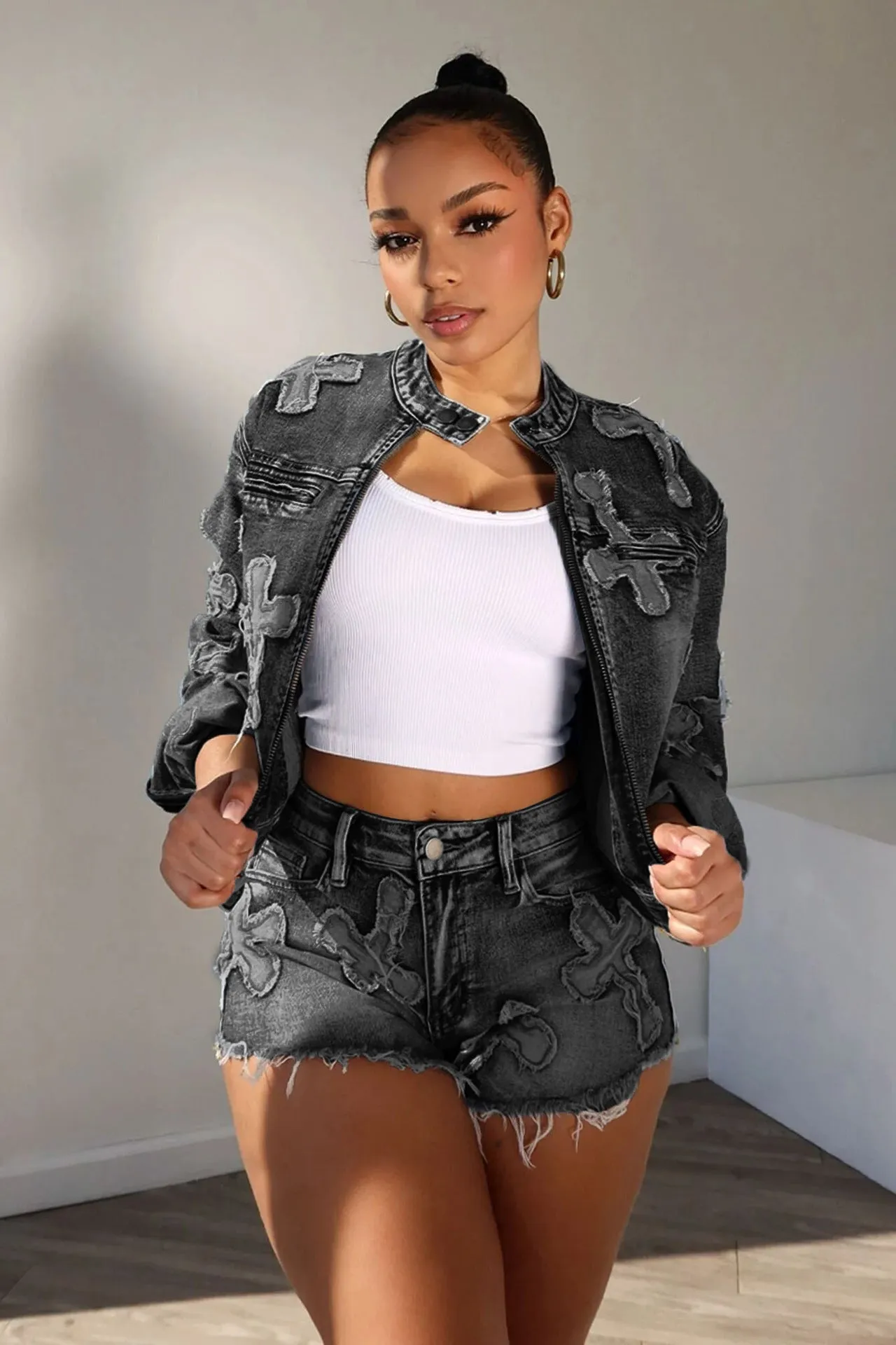 MB FASHION Distressed Denim Jacket and Shorts Two-Piece Set 8552LY