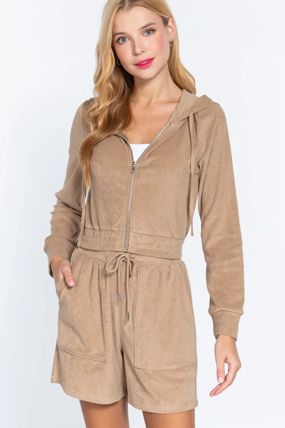 Mocha Brown Zip Up Crop Hoodie Terry Towelling Jacket_