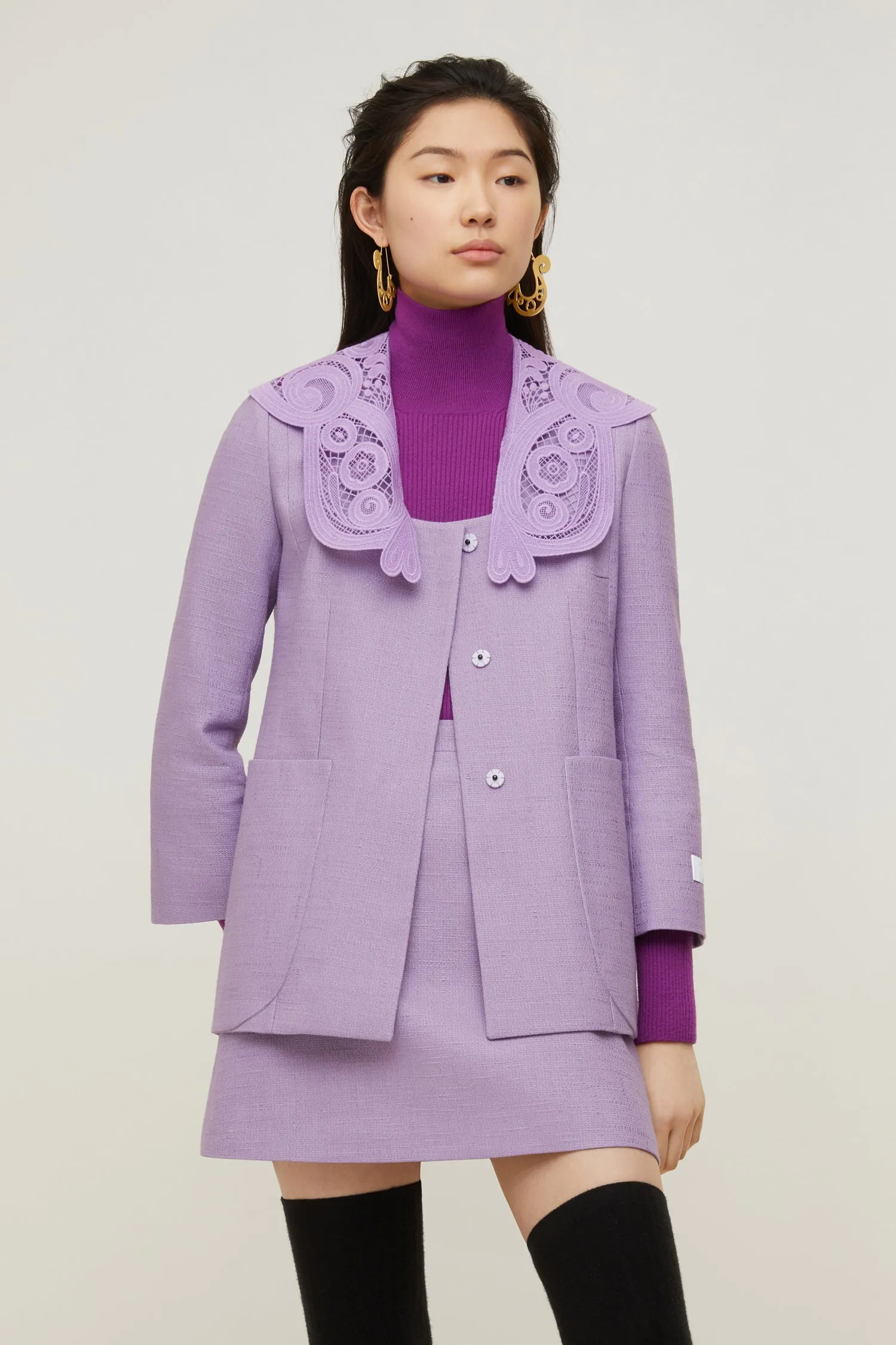 Organic tweed jacket with guipure collar