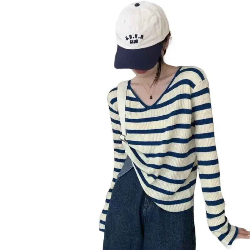 Oversize Stripe Long Sleeve V-Neck Knitted Sweater