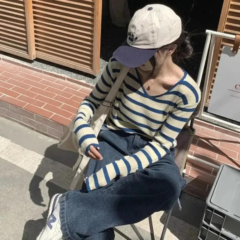 Oversize Stripe Long Sleeve V-Neck Knitted Sweater