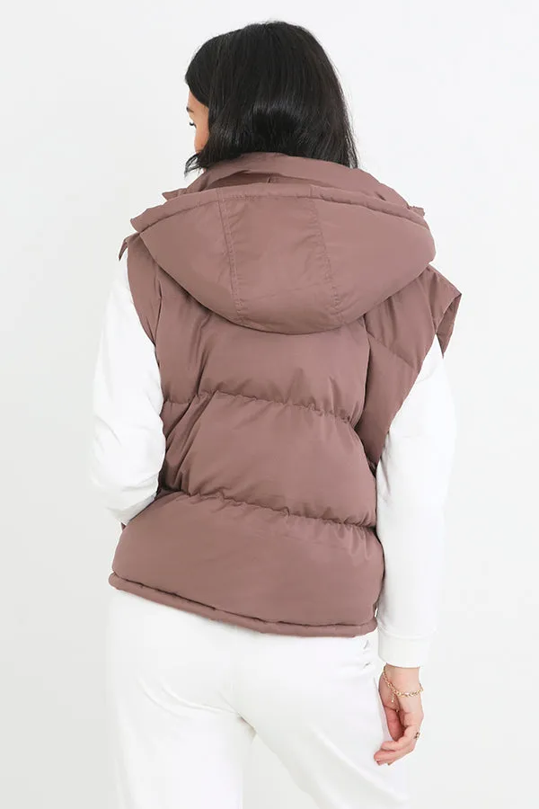 PEPPERCORN BROWN CROPPED MICROFIBRE HOODED GILET